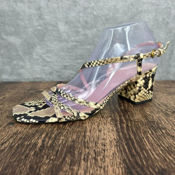 J Crew Odette Strappy Sandals 10.5 Black Cream Snake Embossed Leather Block Heel - Picture 14 of 14